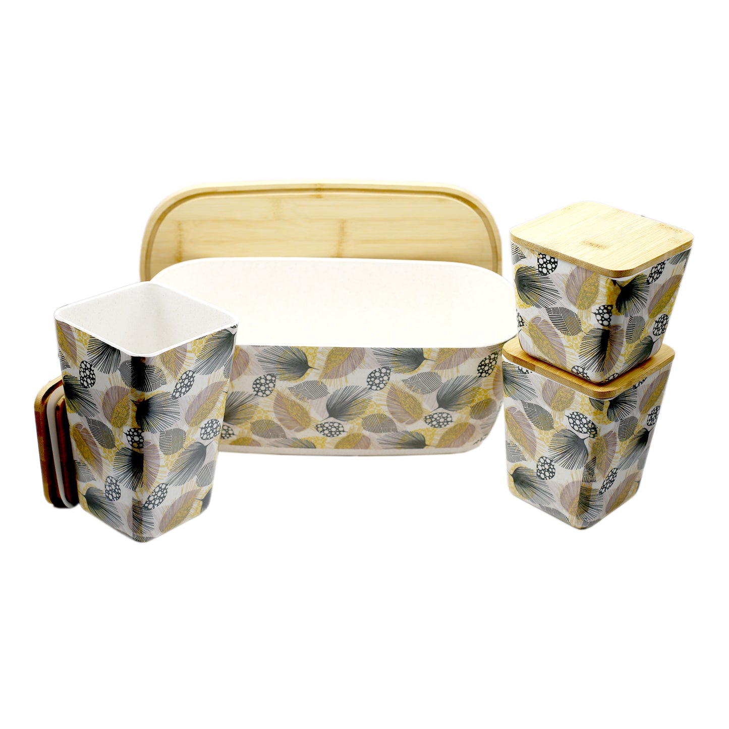 Bamboo Fibre Leave Pattern Box With Lid 4Pcs Set