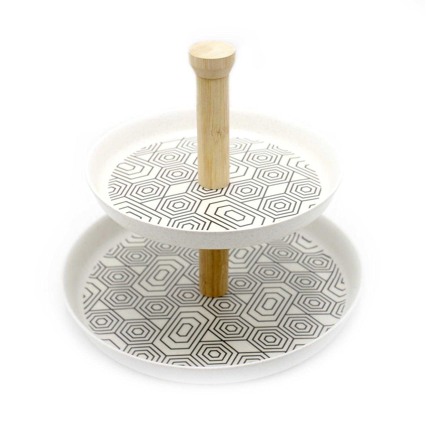Geometric Pattern 2-Tier Bamboo Plate With Wood Stand