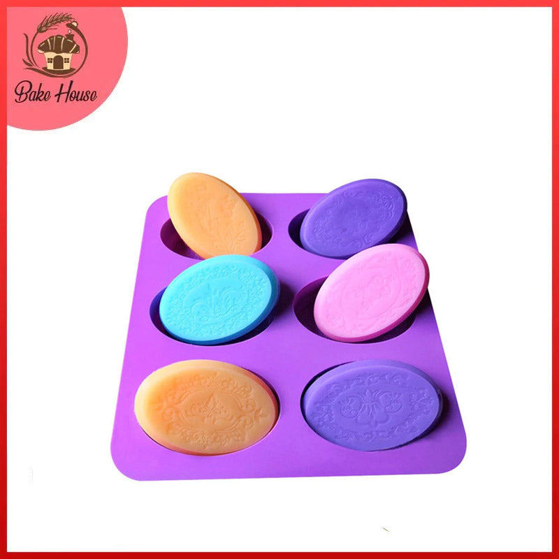 Oval Shape Soap Mold Silicone 6 Cavity With Design