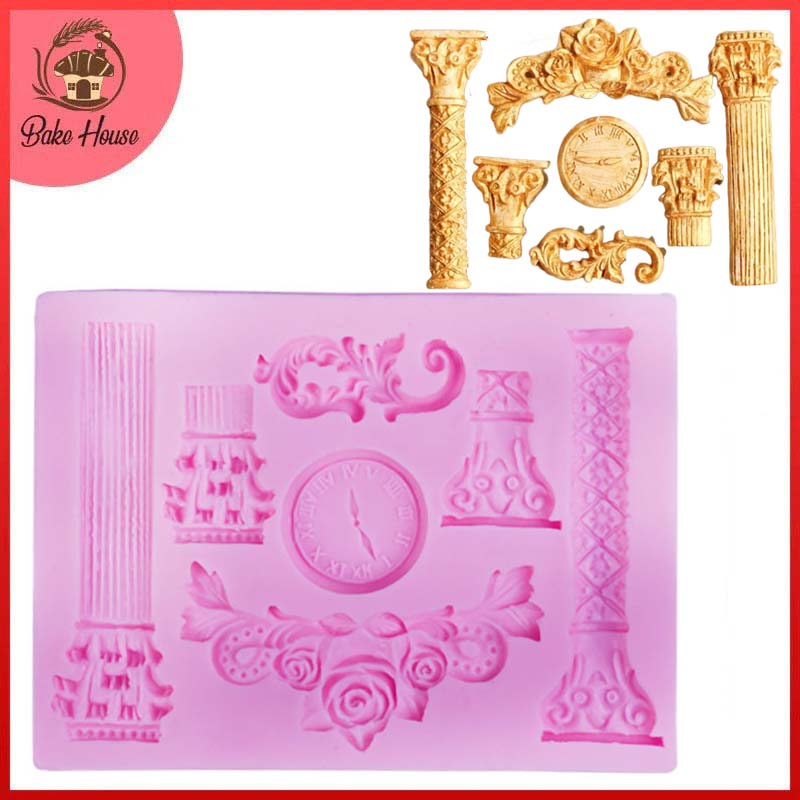 Pillars, Clock & Borders Silicone Fondant Mold 7 Cavity