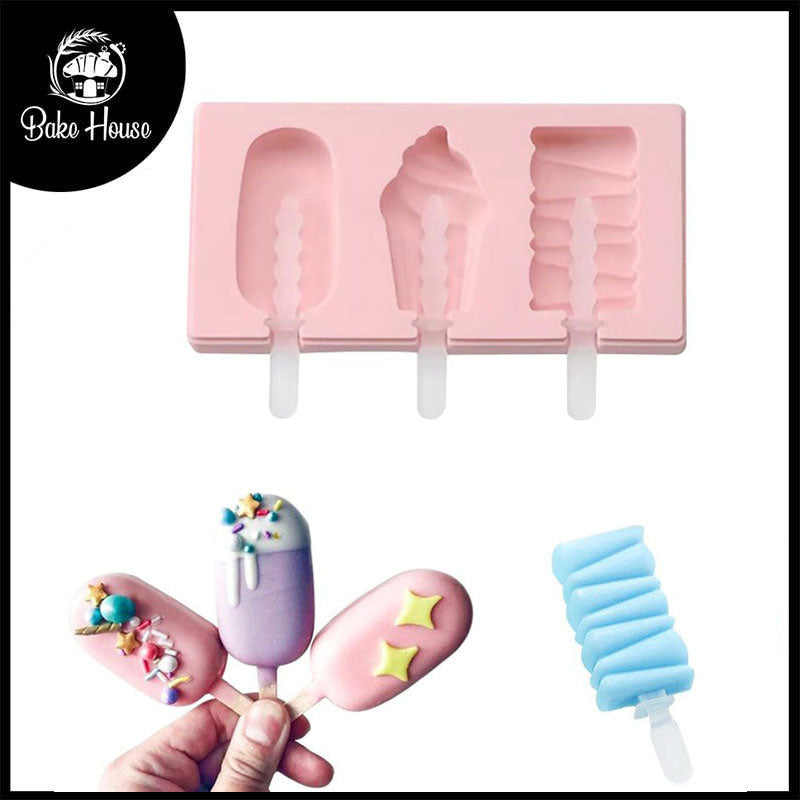 Popsicle Mold Silicone 3 Cavity Ice Cream Theme