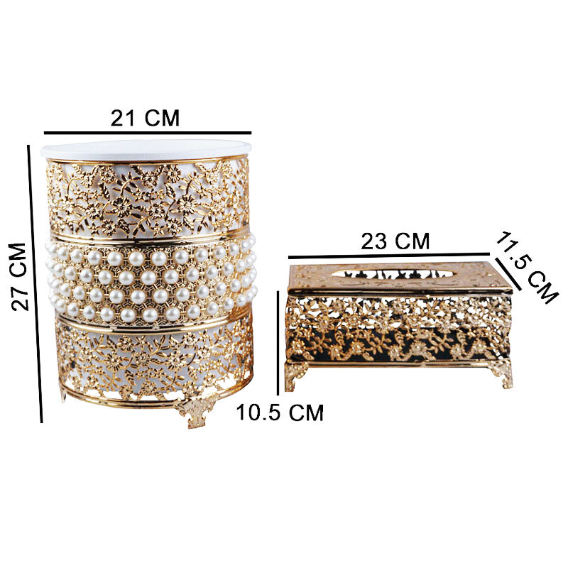 Pearls And Floral Design Decor Fancy Dustbin And Tissue Box Holder Set