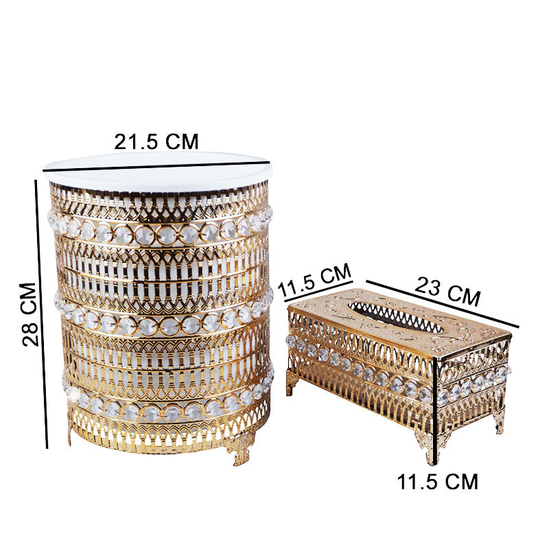 Rhinestones Crystal & Arches Design Decor Fancy Dustbin And Tissue Box Holder Set