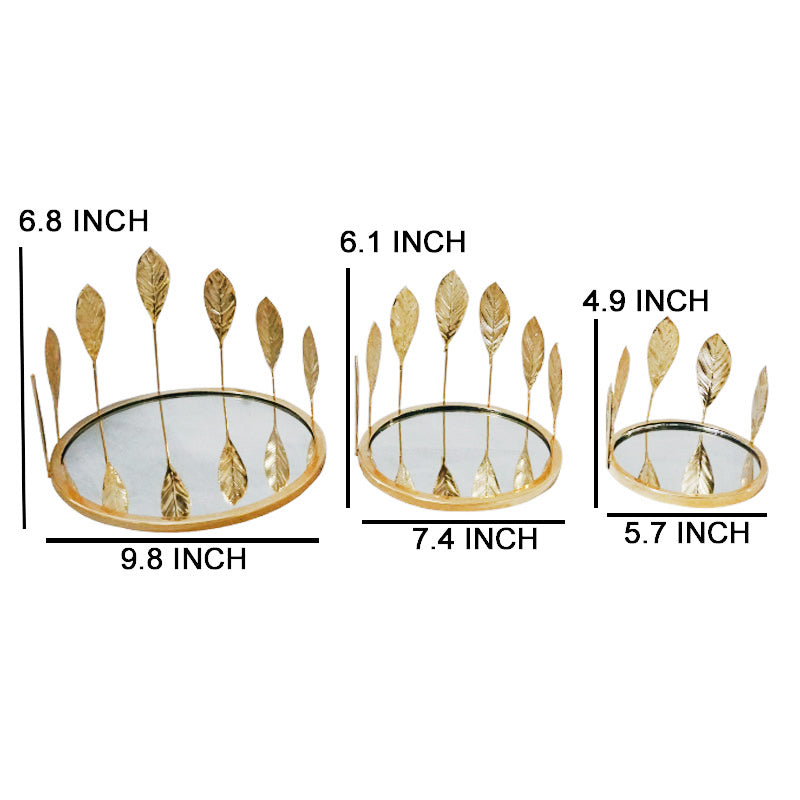 Mirror Base with Leaves Decor Desserts & Cosmetics Organizer Tray 3 Sizes Set