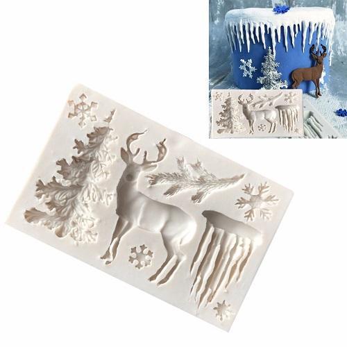 Snowy Tree, Deer, & Snowflakes With Glacier Silicone Fondant Cake Mold
