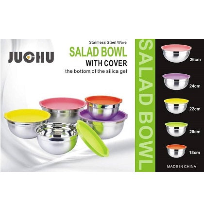 Stainless Steel Salad Bowl With Plastic Cover 5Pcs Set
