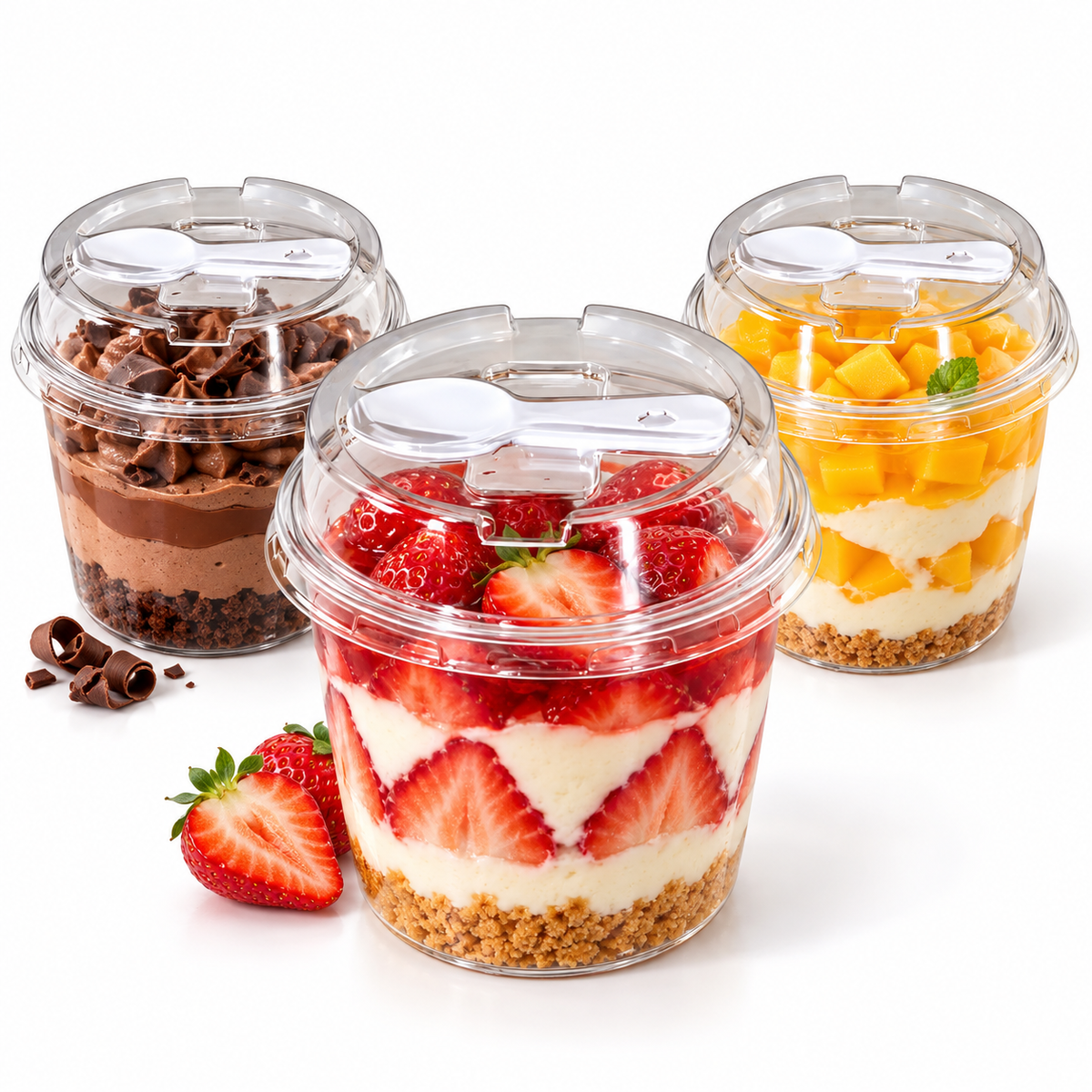 Disposable Round Dessert Cup with Clear Lid & Spoon
