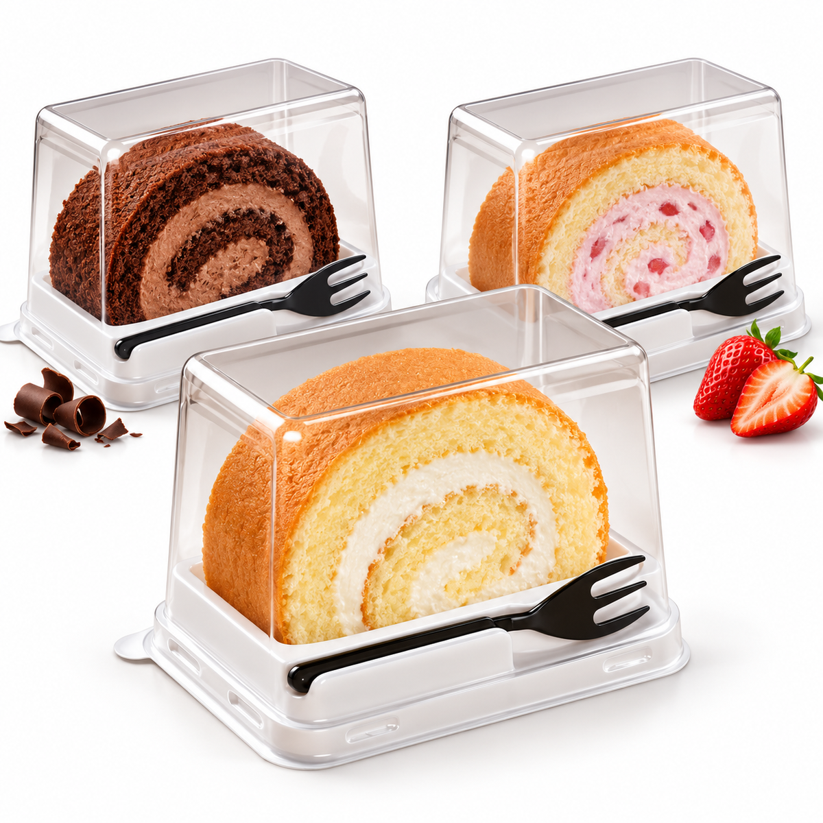 Disposable White Swiss Roll Box with Transparent Lid & Fork