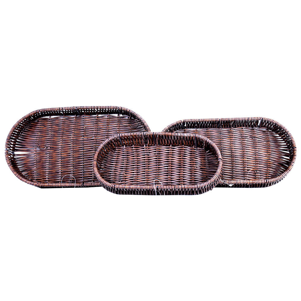 Plastic Woven Oval Shape Flat Tray Dark Brown 3Pcs Set