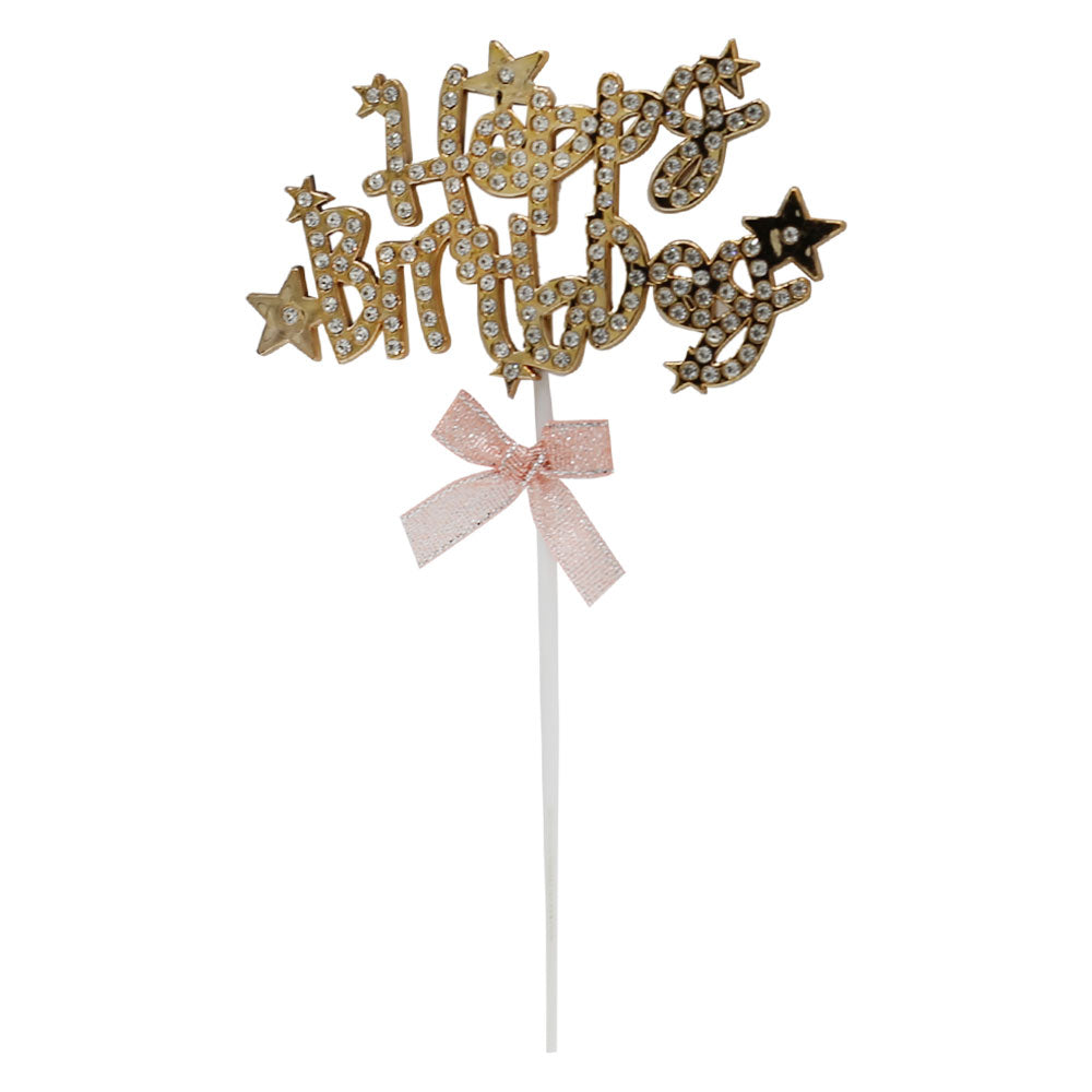 Happy Birthday Cake Topper Golden With Pink Ribbon And Silver Nugs Star Design