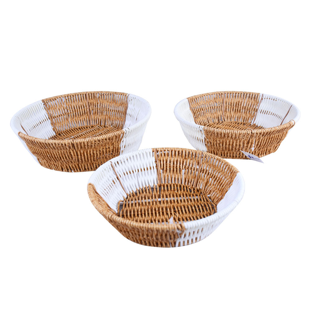 Plastic Woven Round Shape Basket Brown & White 3Pcs Set