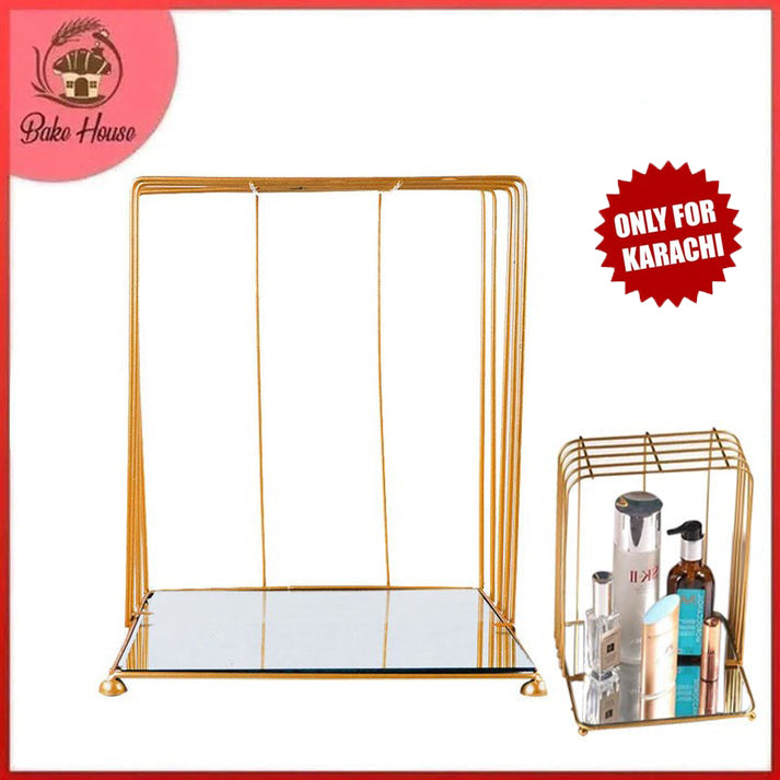 Square Mirror Base Bird Cage Style Desserts & Cosmetics Organizer