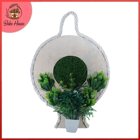 Wooden Round Wall Hanging Decor with Artificial Grass and Plant Pot