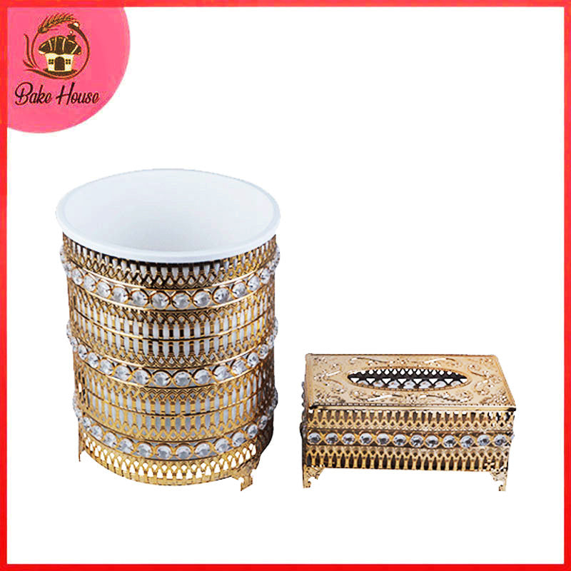 Rhinestones Crystal & Arches Design Decor Fancy Dustbin And Tissue Box Holder Set