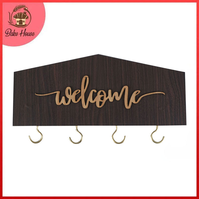 Welcome Decorative Wooden Wall Mounted 4 Hooks Key Holder