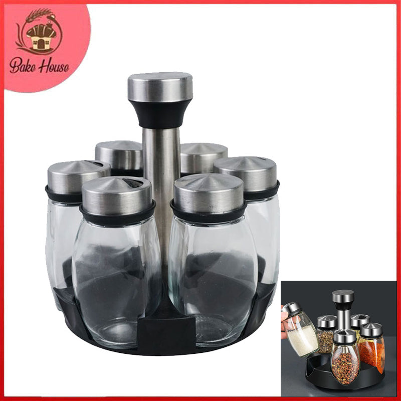 Glass Seasoning Spice Bottle Jars 6 Pcs With Rotating Rack