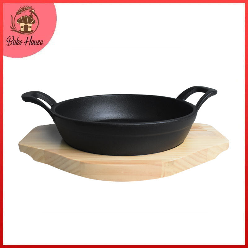 Round Cast Iron Sizzler Pan 18cm With Wooden Base