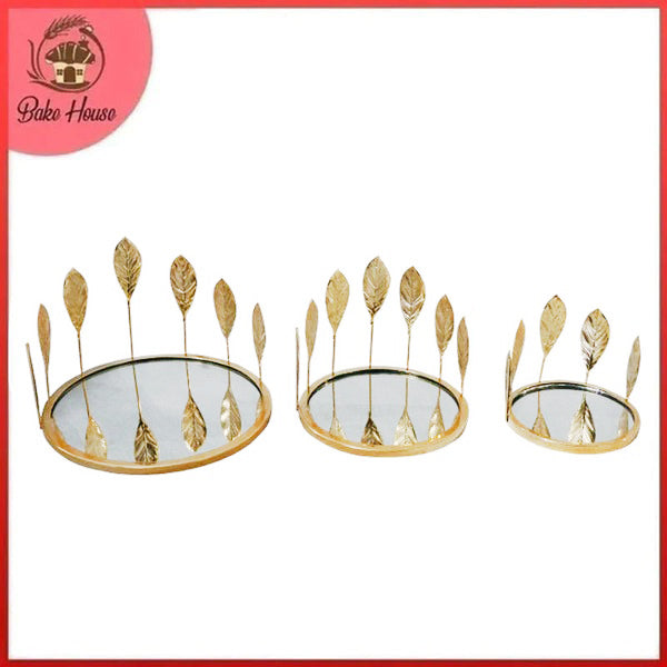 Mirror Base with Leaves Decor Desserts & Cosmetics Organizer Tray 3 Sizes Set