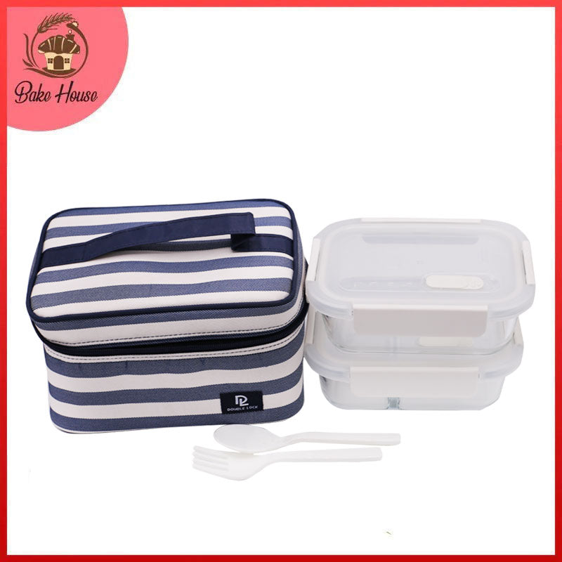DL 2Pcs Glass Lunch Box With Blue Lining Rectangle Bag