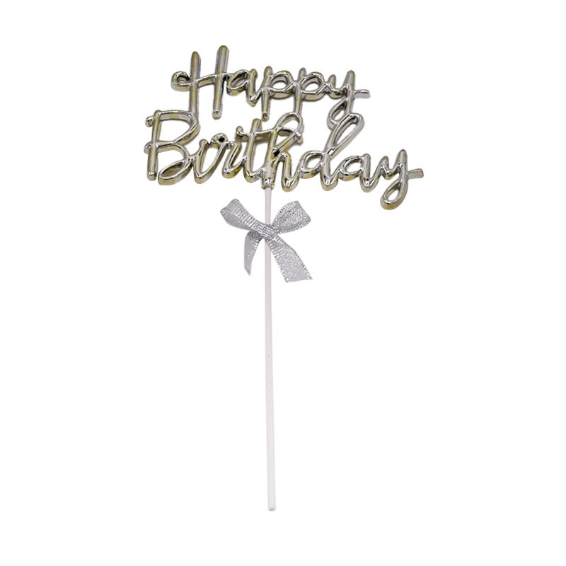 Happy Birthday Cake Topper Golden And Silver With Ribbon Design