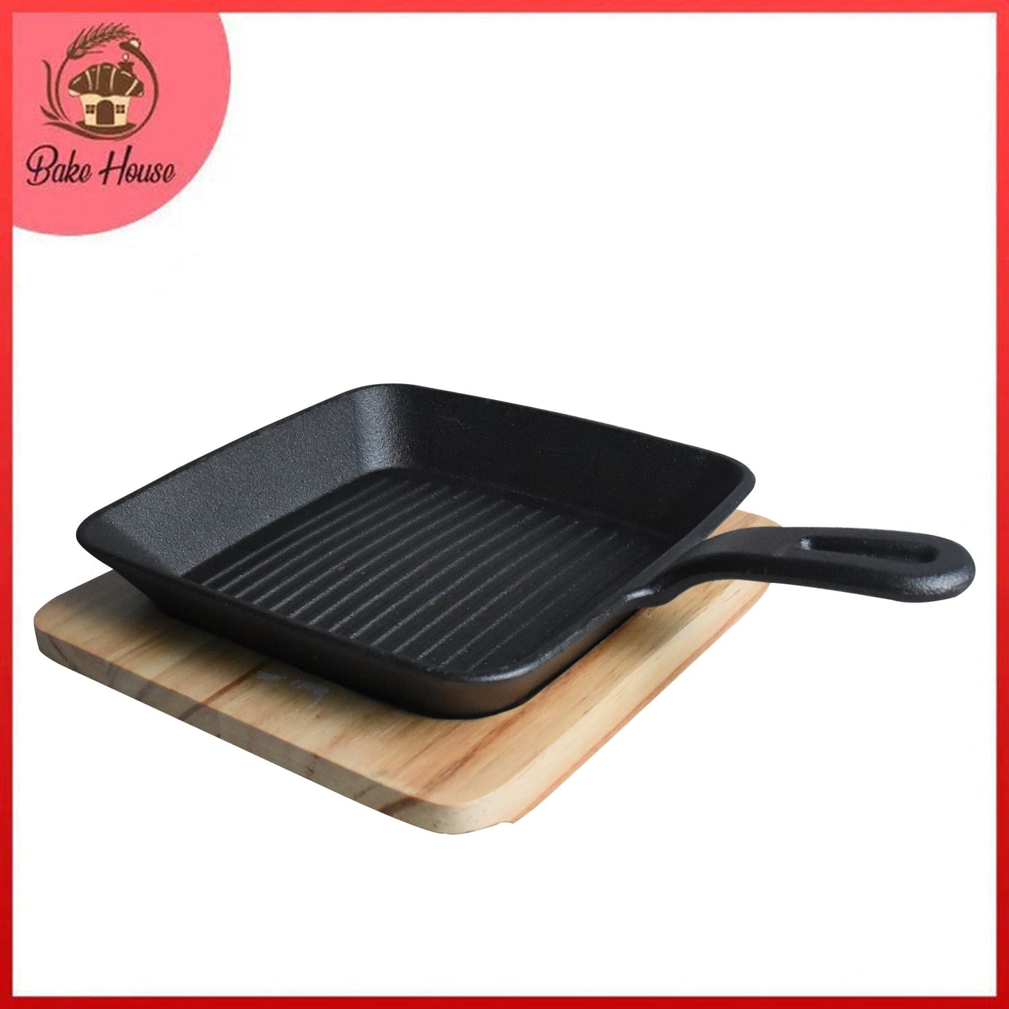 Square Cast Iron Grill Skillet Sizzler Pan With Wooden Base
