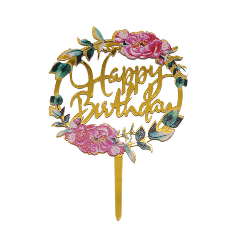 Happy Birthday Cake Topper With Round Flower Design