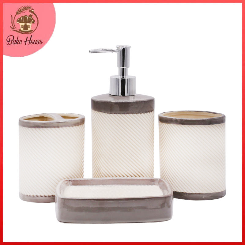 Creamy White Diagonal Lines 4 Pcs Ceramic Bathroom Accessories Set