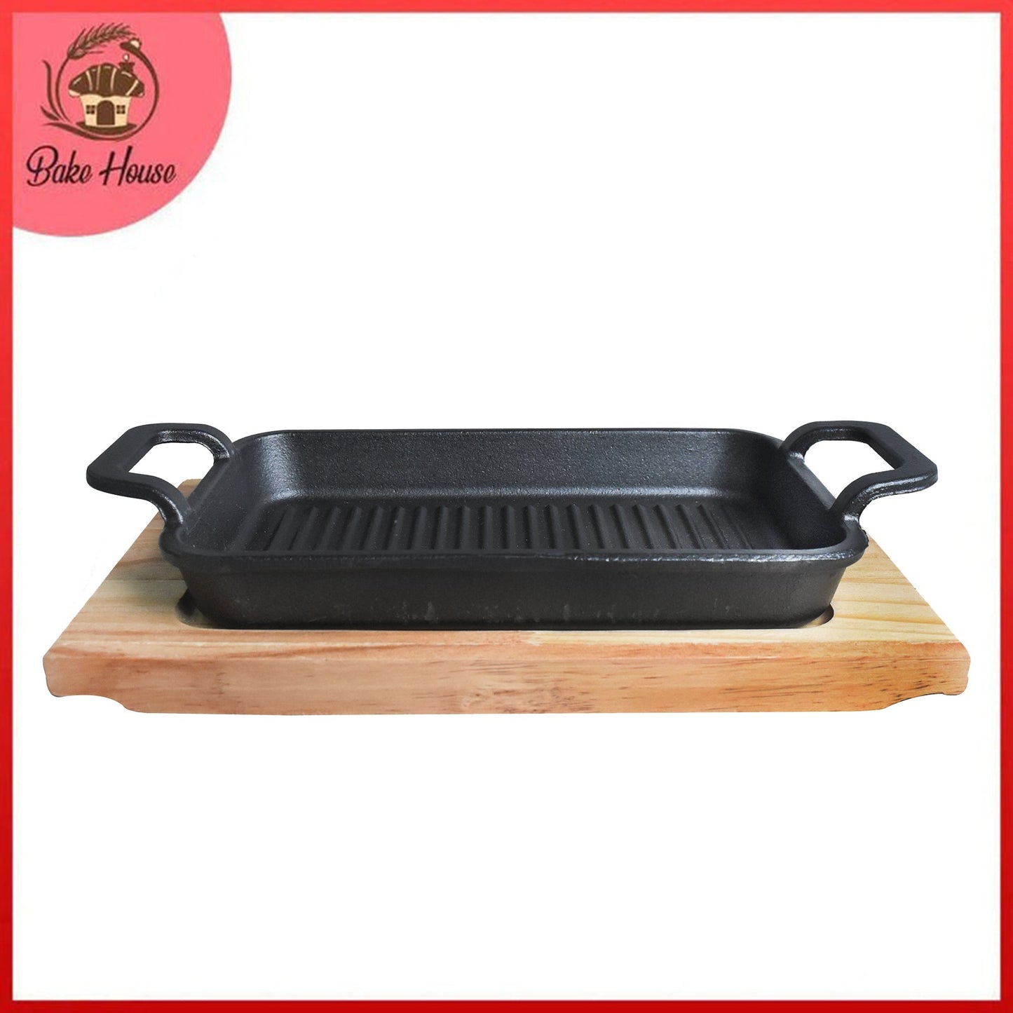 Rectangle Cast Iron (22 x 14cm) Sizzler Tray Platter With Wooden Base