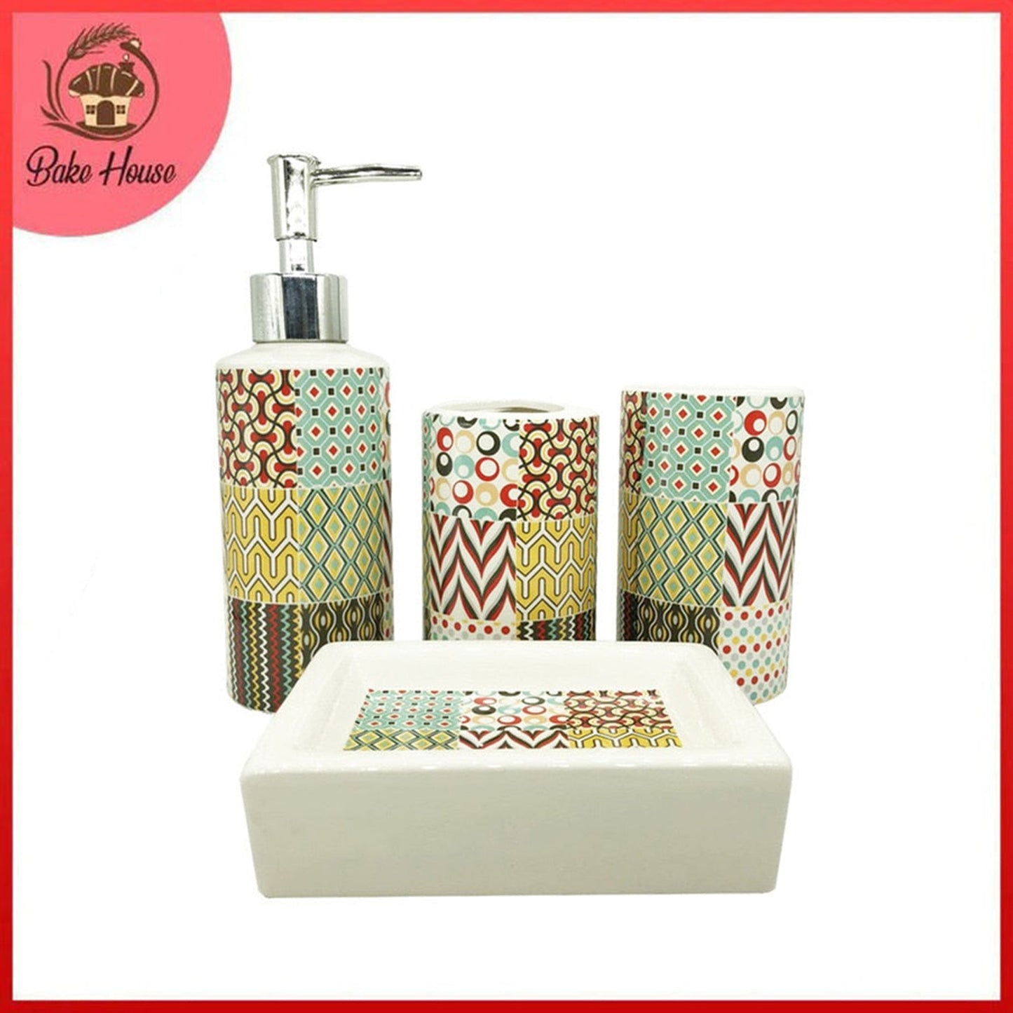 Multi Designs Patterned 4 Pcs Ceramic Bathroom Accessories Set