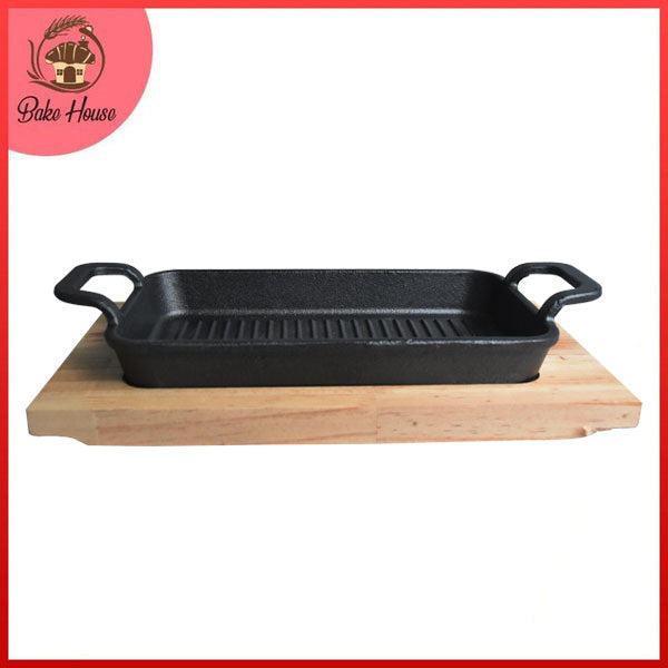 Rectangle Cast Iron (21 x 12cm) Sizzler Tray Platter With Wooden Base