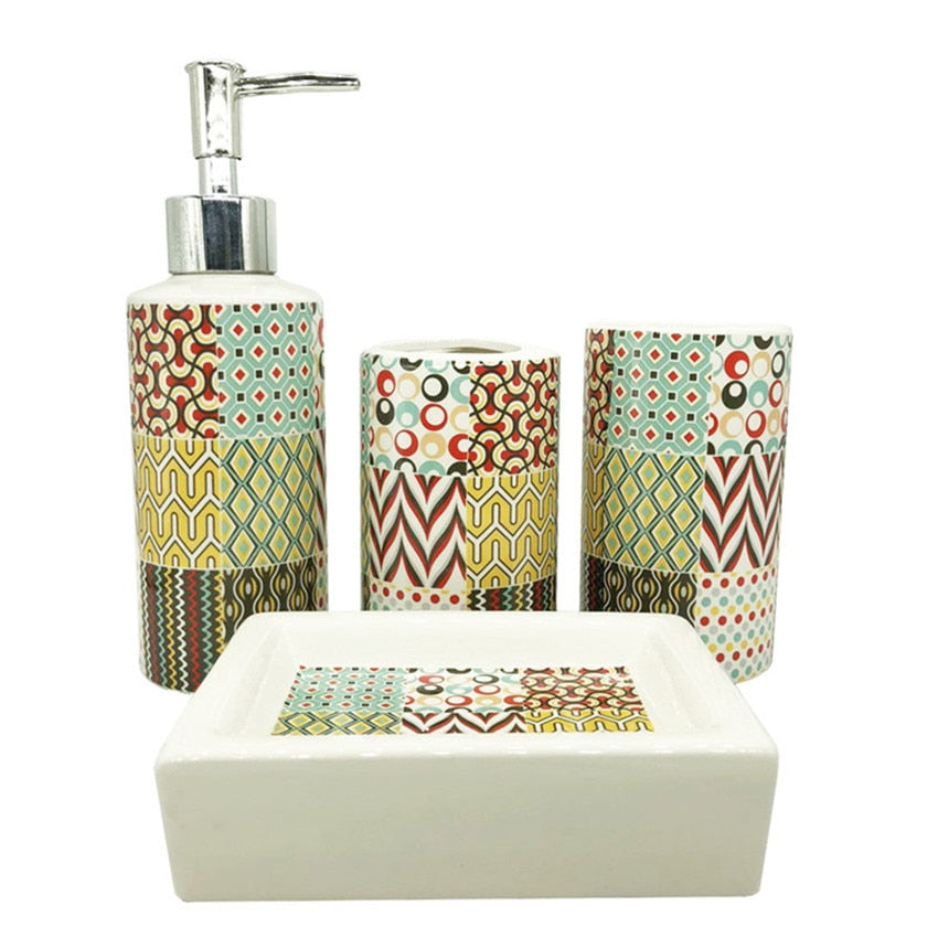 Multi Designs Patterned 4 Pcs Ceramic Bathroom Accessories Set