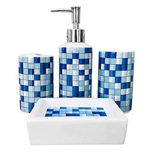 Blue White Checks 4 Pcs Ceramic Bathroom Accessories Set