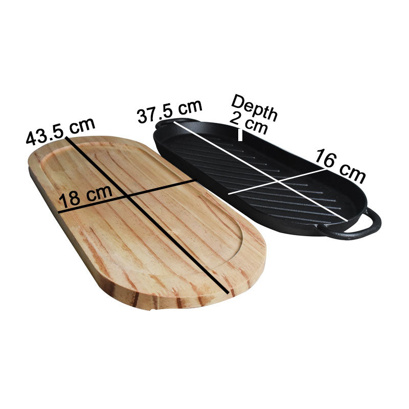 Oblong Cast Iron (37.5 x 16cm) Sizzler Tray Platter With Wooden Base