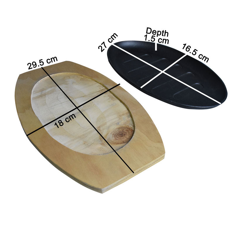 Oval Cast Iron Sizzler Plate With Wooden Base