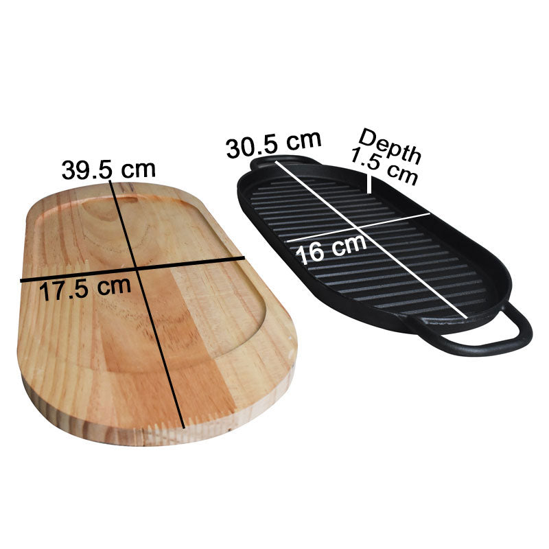 Oblong Cast Iron (30.5 x 16cm) Sizzler Tray Platter With Wooden Base