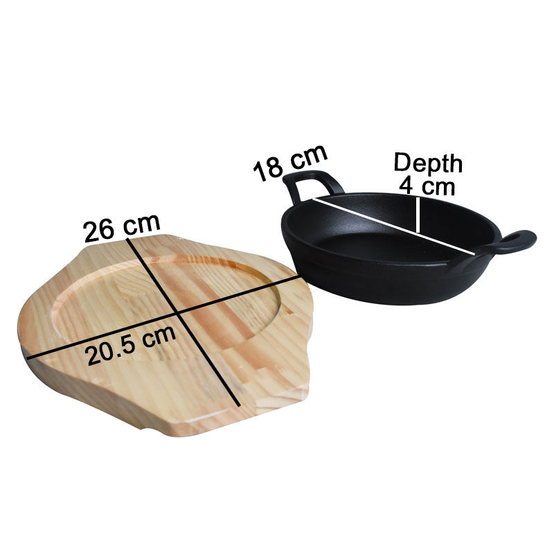 Round Cast Iron Sizzler Pan 18cm With Wooden Base