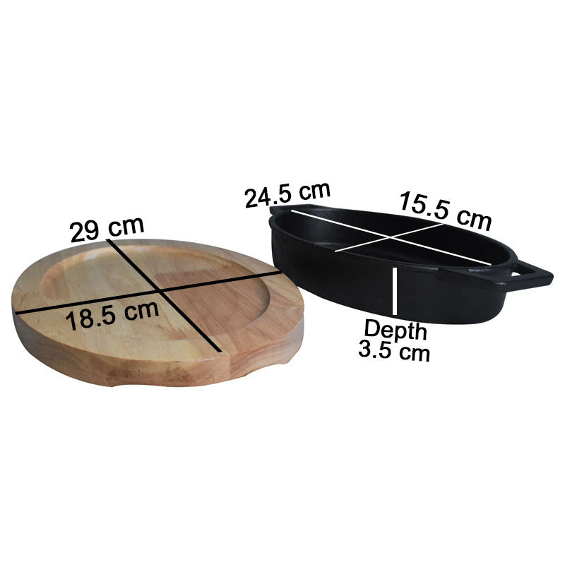 Oval Cast Iron Sizzler Pan (24.5 x 15.5cm) With Wooden Base