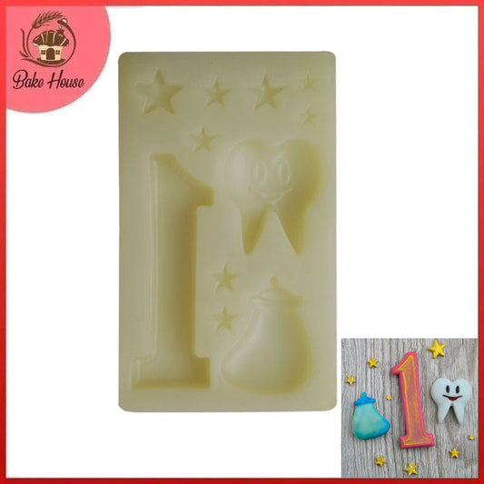 1 Year Old Baby Theme, Feeder, Tooth & Stars Decoration Silicone Fondant Mold 11 Cavity