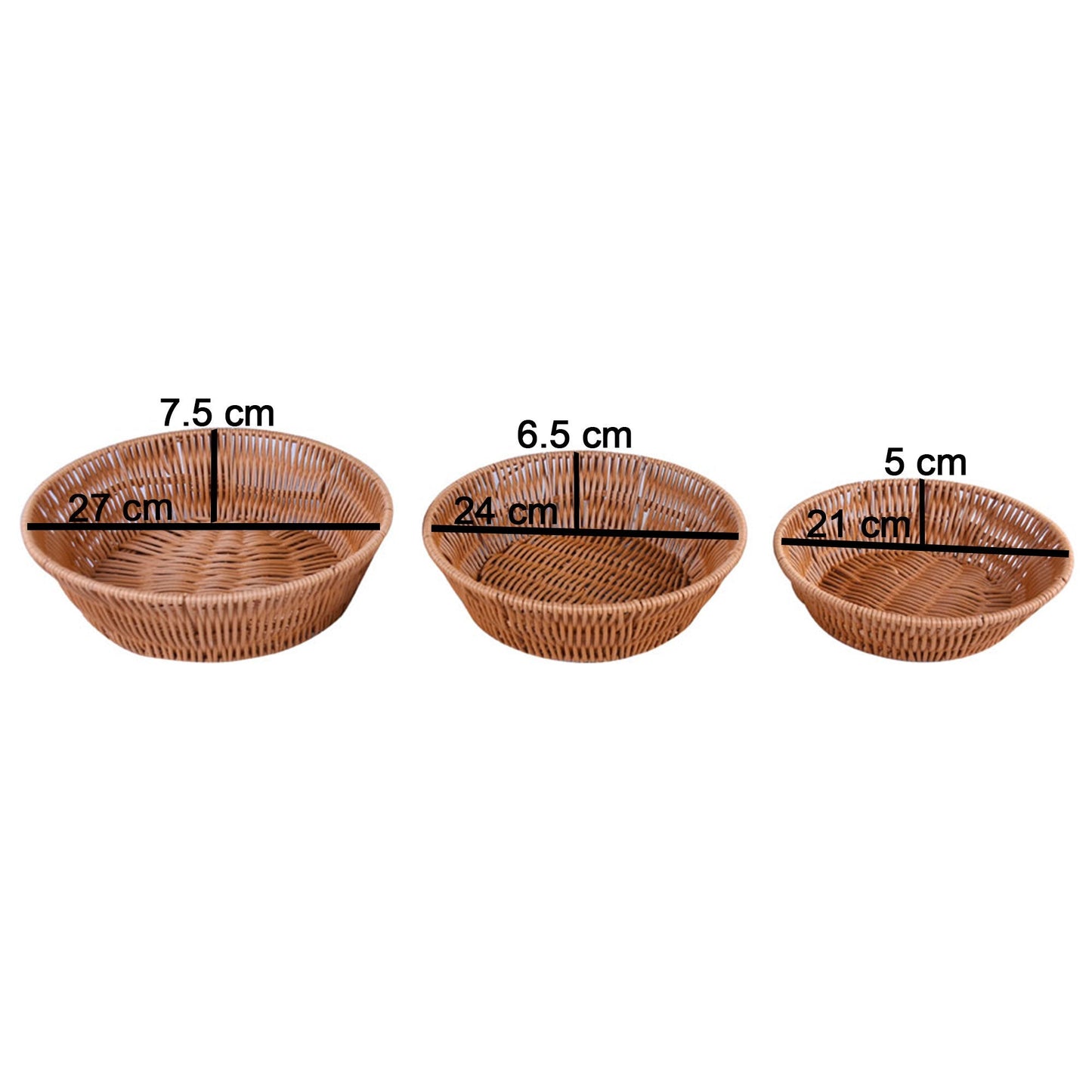 Plastic Woven Round Shape Basket Brown 3Pcs Set