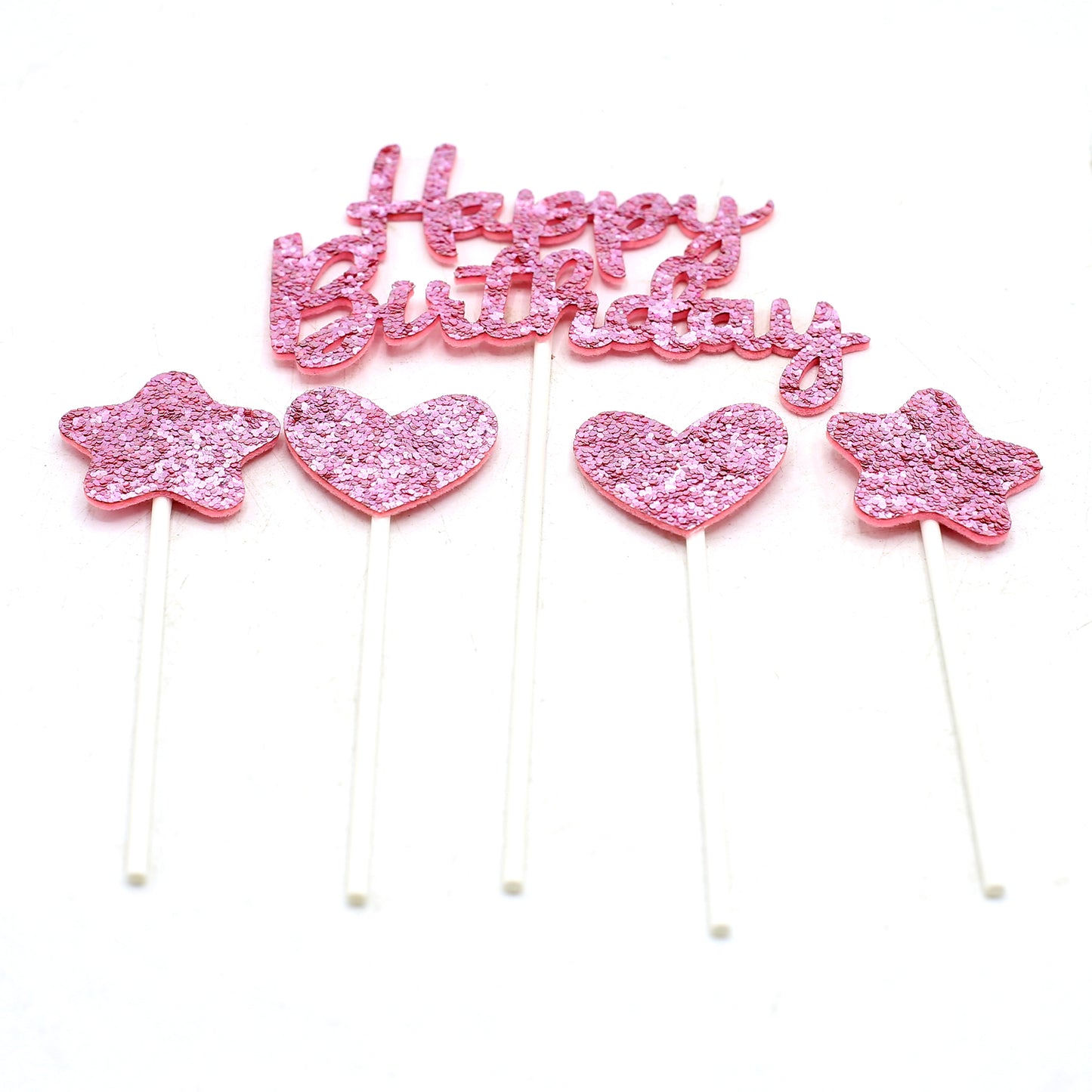 Happy Birthday, Heart & Star Cake Topper Pink