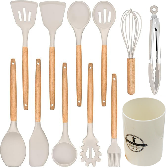 12-Piece Silicone Cooking Utensil Set With Wooden Handle And Holder.