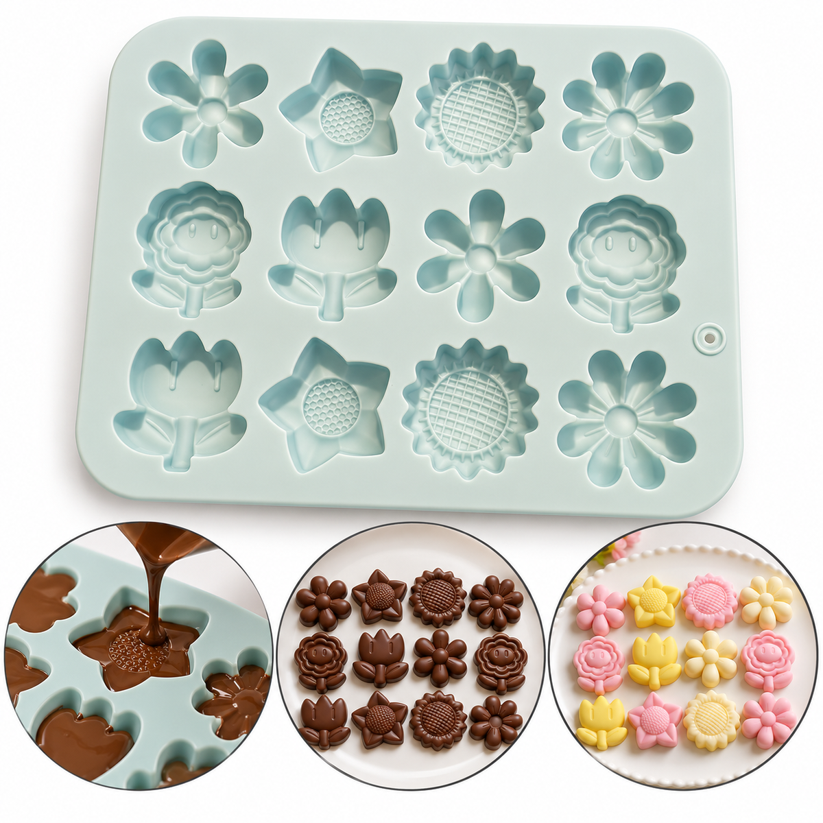 Daisy, Sunflower & Tulip Shape Chocolate Silicone Mold 12 Cavity