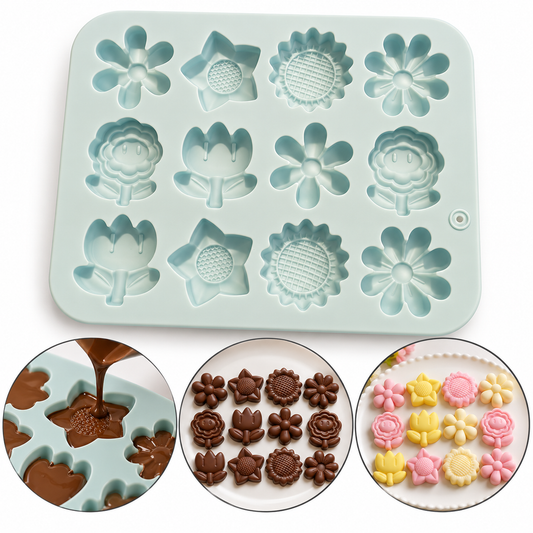 Daisy, Sunflower & Tulip Shape Chocolate Silicone Mold 12 Cavity