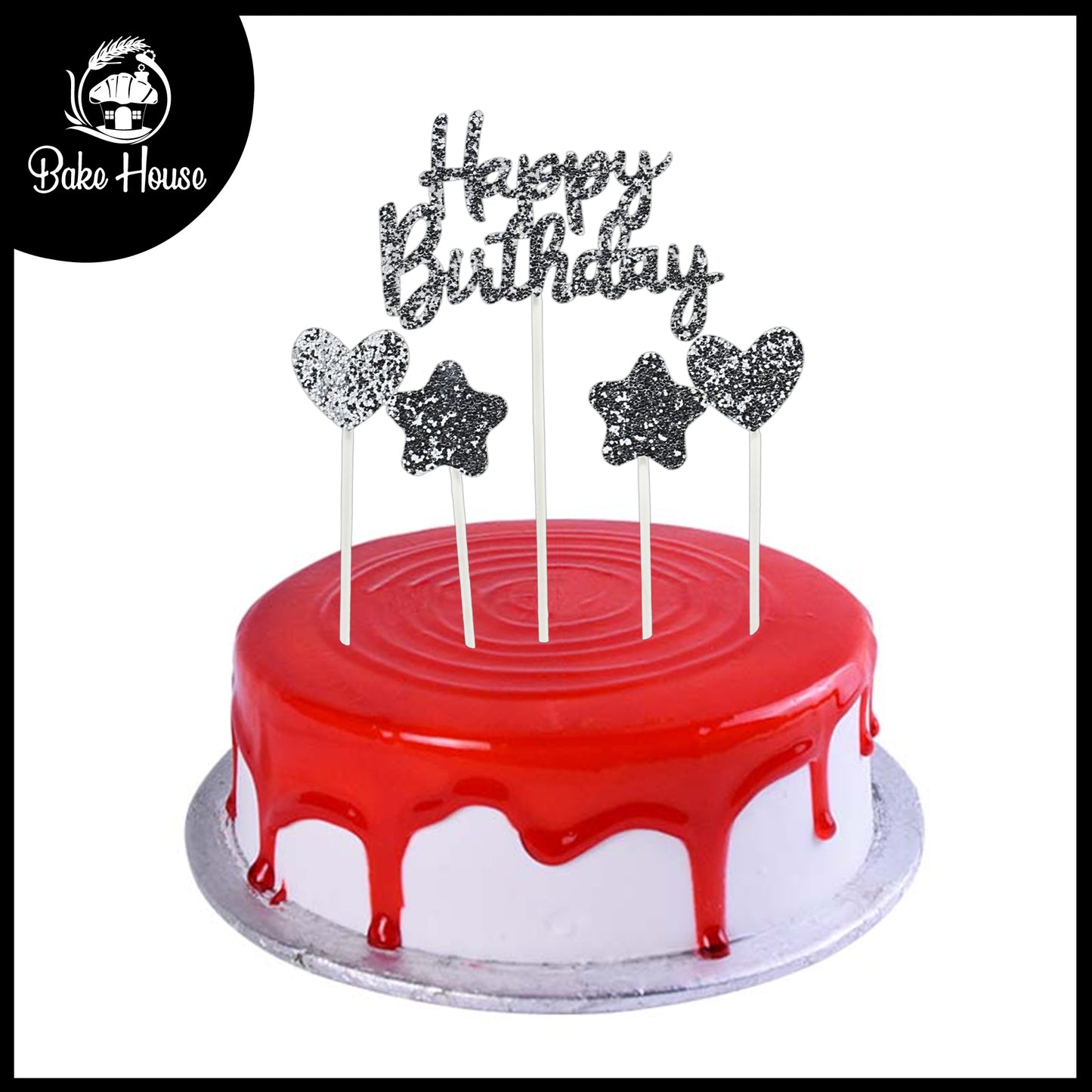 Happy Birthday, Heart & Star Cake Topper Silver