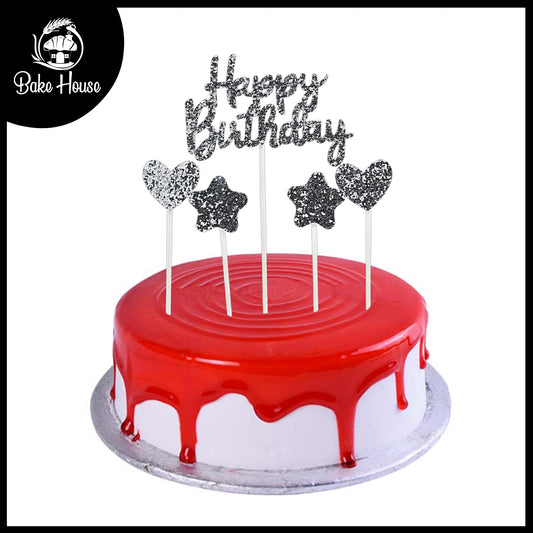 Happy Birthday, Heart & Star Cake Topper Silver