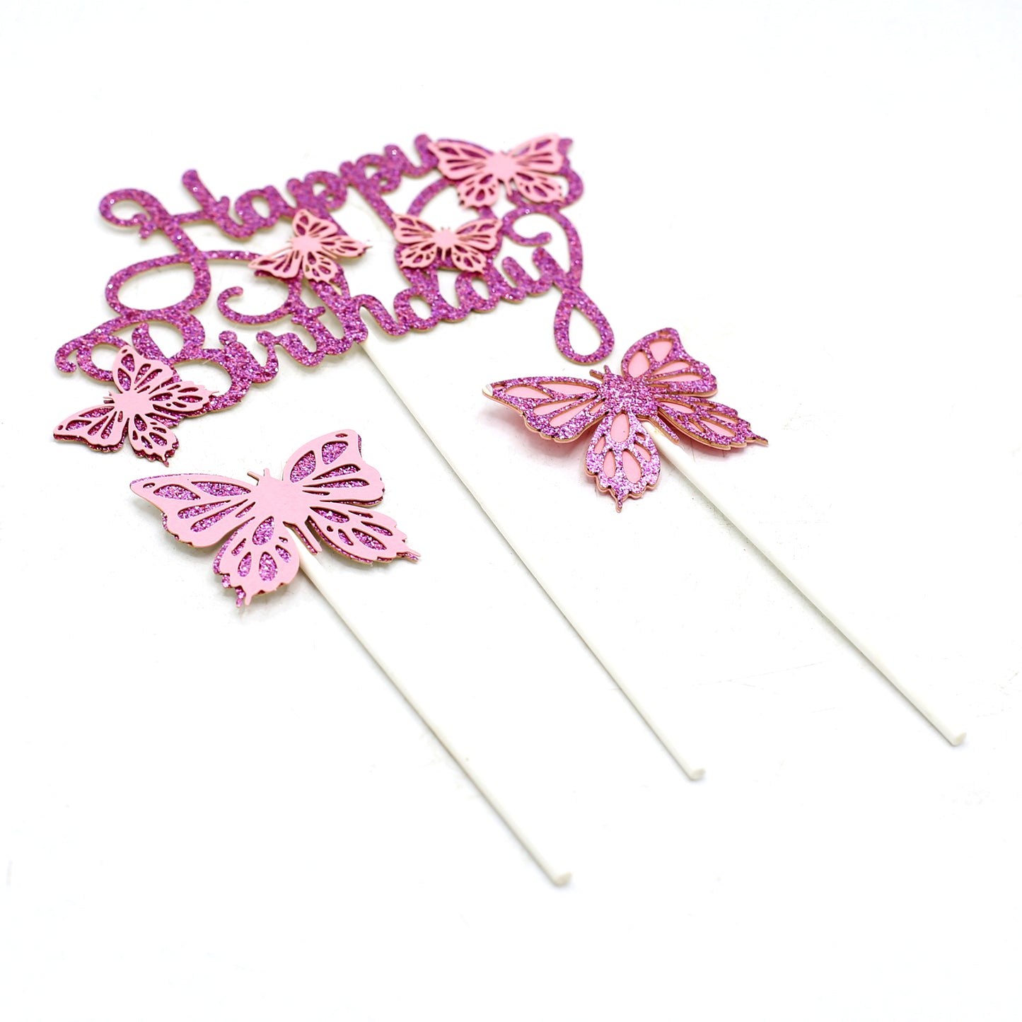 Happy Birthday And Butterfly Cake Topper 3Pcs Set Pink