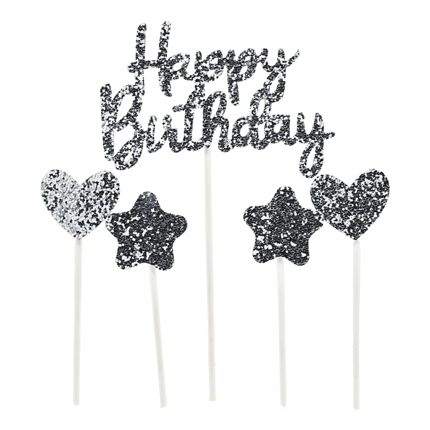 Happy Birthday, Heart & Star Cake Topper Silver