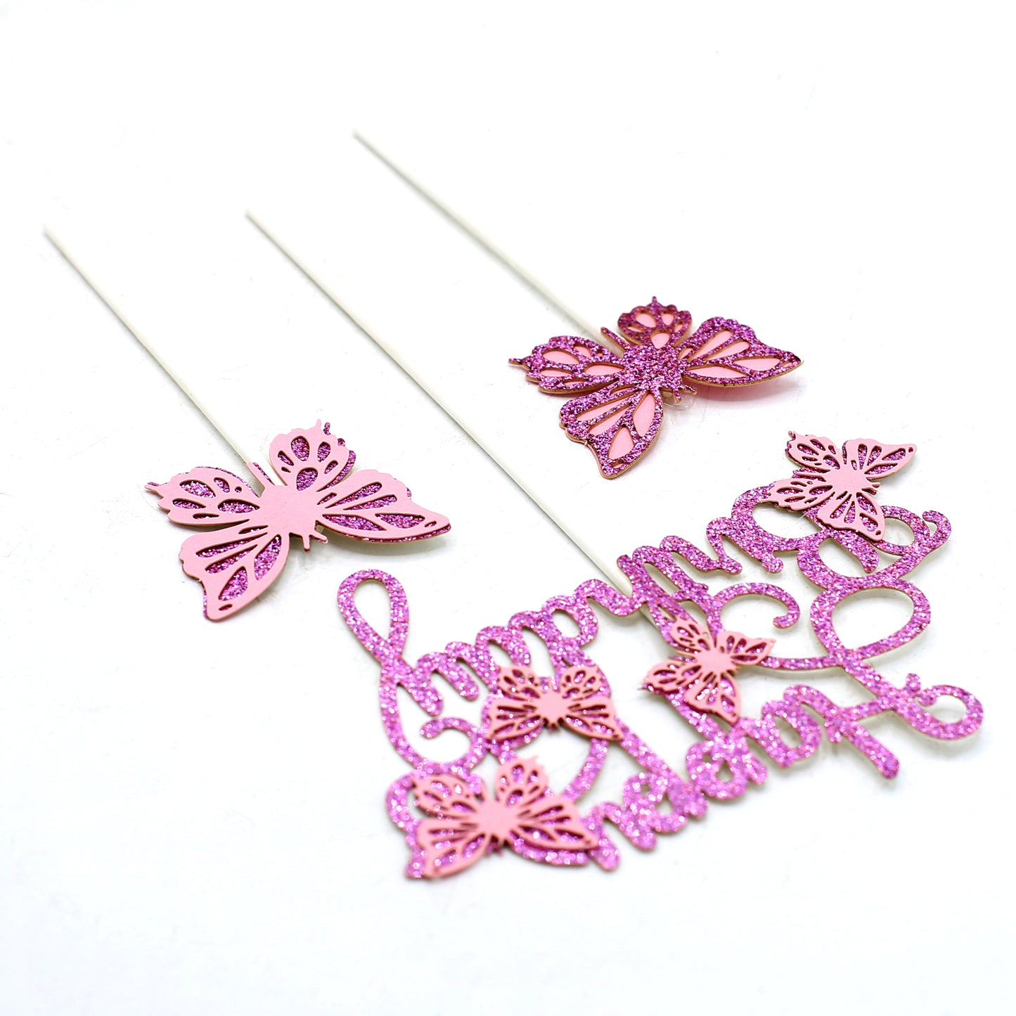 Happy Birthday And Butterfly Cake Topper 3Pcs Set Pink