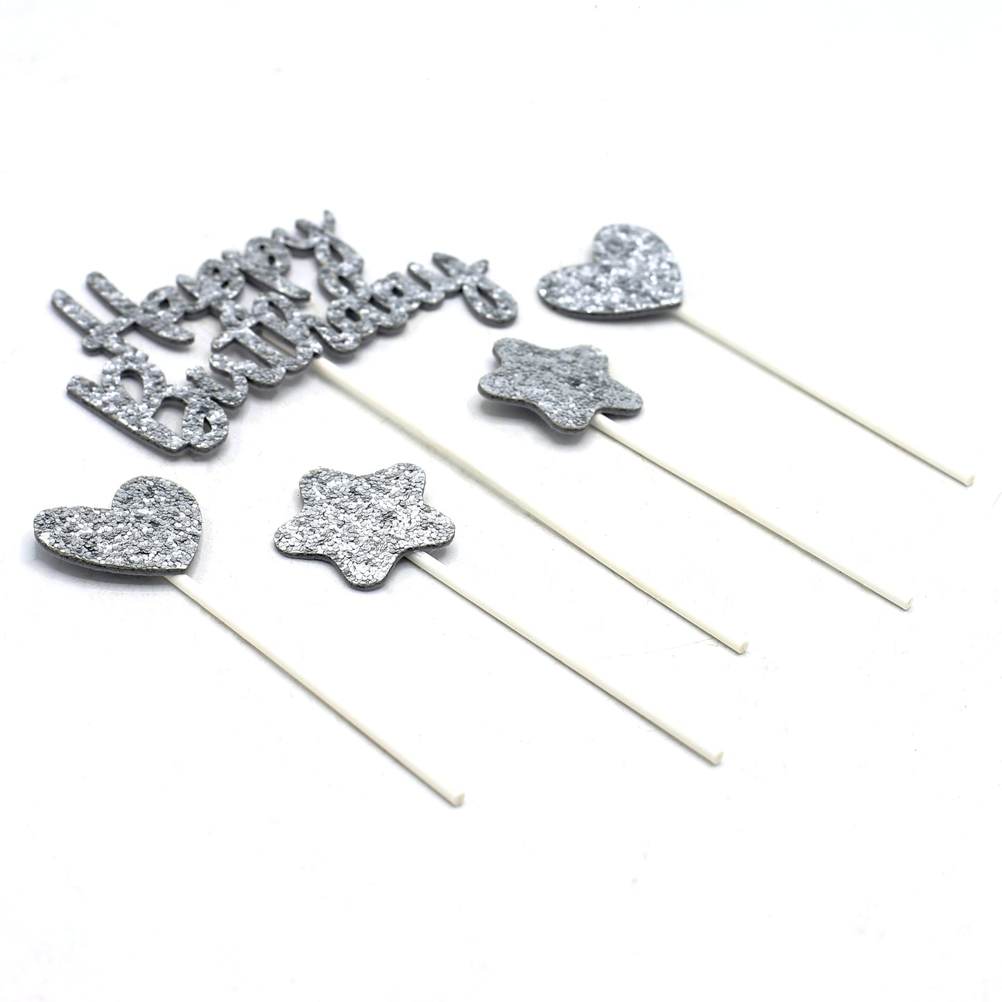 Happy Birthday, Heart & Star Cake Topper Silver