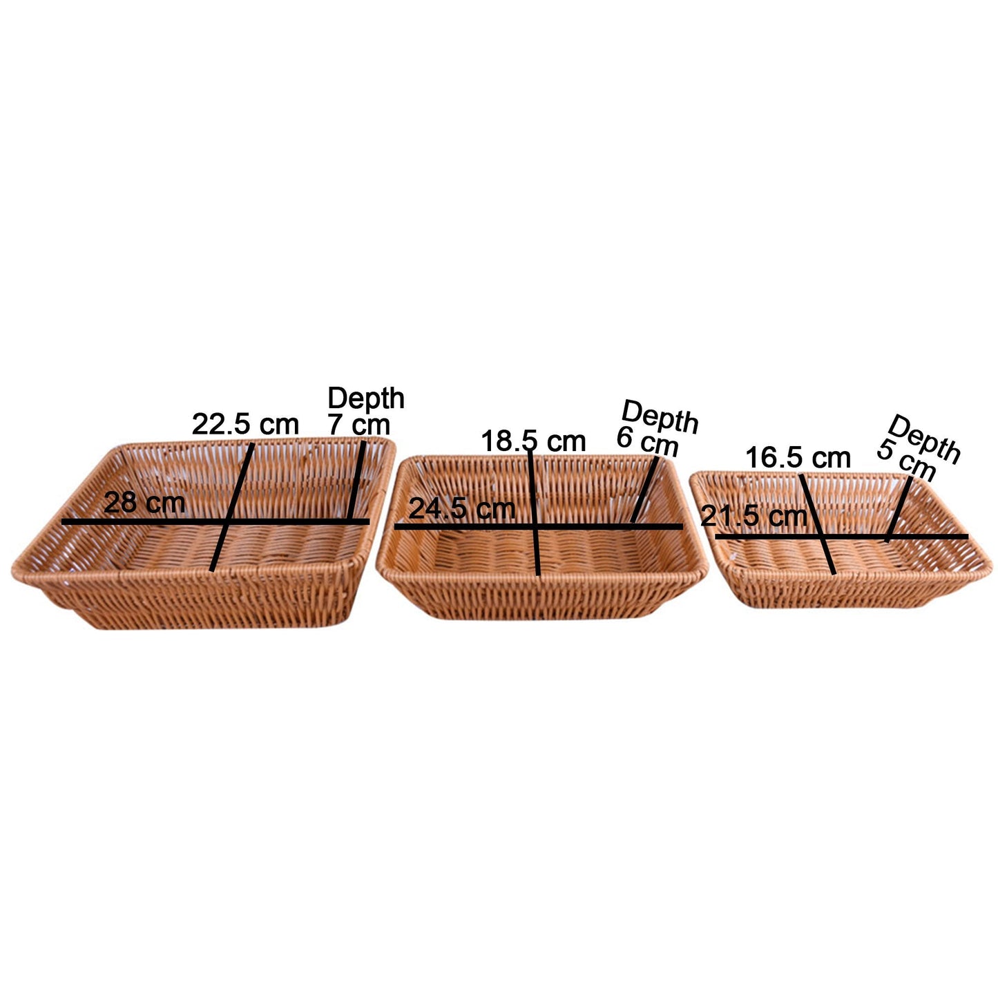 Plastic Woven Rectangle Shape Basket Brown 3Pcs Set